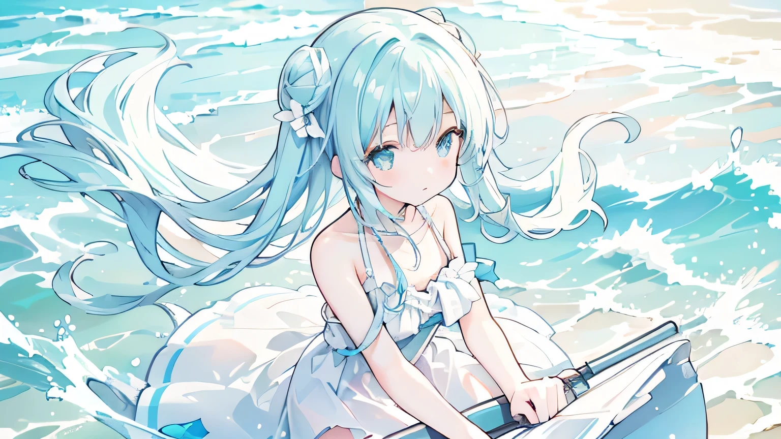 summer, beach, hot, Morning Glow, beautiful, high resolution, One Girl, A dress made from white seafoam、Riding on a float、Floating leisurely on the sea