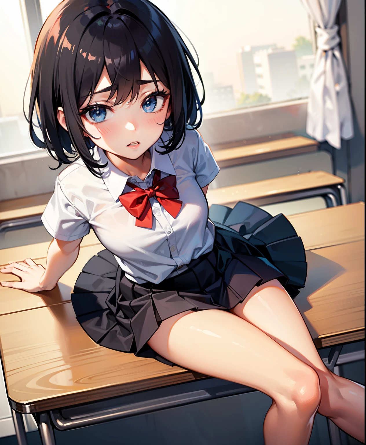 1 girl, , Dynamic posing, dynamic angle, Arrange pose,Top quality work,Show Legs,(short black hair),(blue eyes), Rose cheeks, Pretty Face, A perfectly proportioned face, school white shirt with red bow and black skirt, (school uniform), (school white shirt), white stockings,school, in classroom, She is shy