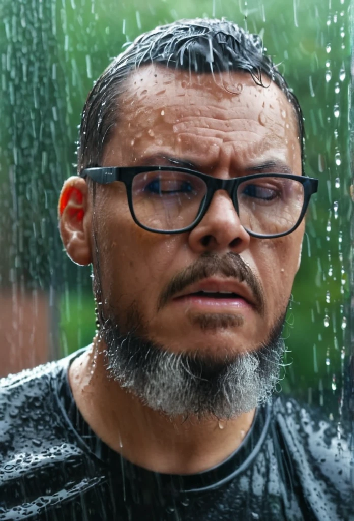 A hyper-realistic, UHD, 8K portrait of a glass window with water droplets condensed and running down the surface. Behind the glass, a man with glasses and a beard, black t-shirt has his hands pressed against the glass, his expression one of desperation and fear. He is in a heavy rainstorm, completely soaked. The scene captures the intensity and emotion of the moment, with intricate details of the water droplets on the glass, the man's wet appearance, and the dramatic atmosphere.,gutto2024abr