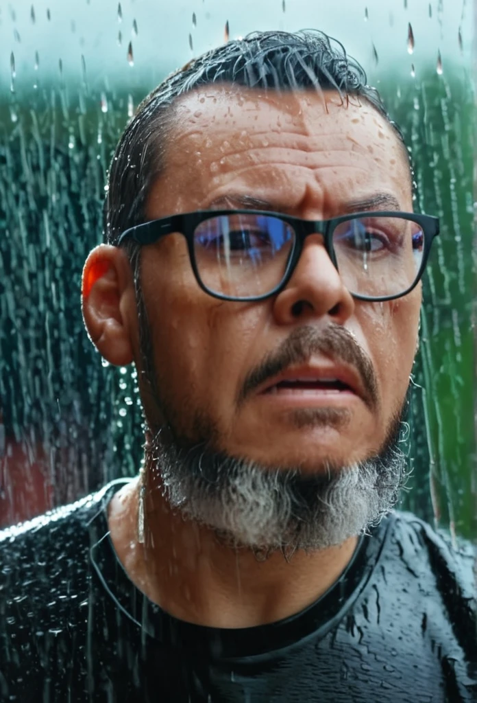 A hyper-realistic, UHD, 8K portrait of a glass window with water droplets condensed and running down the surface. Behind the glass, a man with glasses and a beard, black t-shirt has his hands pressed against the glass, his expression one of desperation and fear. He is in a heavy rainstorm, completely soaked. The scene captures the intensity and emotion of the moment, with intricate details of the water droplets on the glass, the man's wet appearance, and the dramatic atmosphere.,gutto2024abr