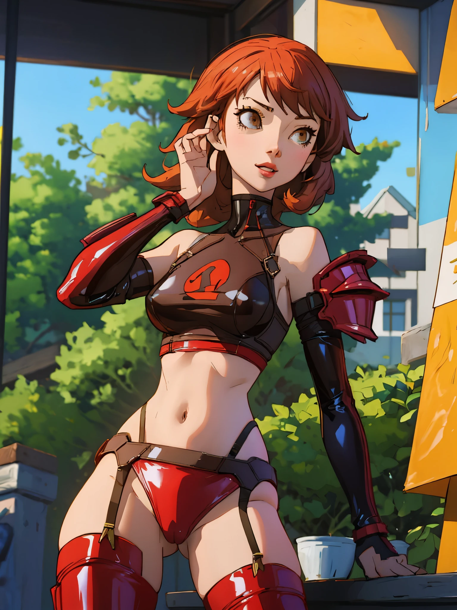 ((best quality)), ((masterpiece)), (detailed), perfect face, 1 girl, yukari, yukari_takeba, yukari persona3, persona3, high cut armor, sexy armor, nsfw, latex clothing, exposed hips, exposed shoulders, thigh highs, crotch, smug face, sexy gesture, beautiful face, (vibrant), (high definition), boob window, garter belt, thick, curvy