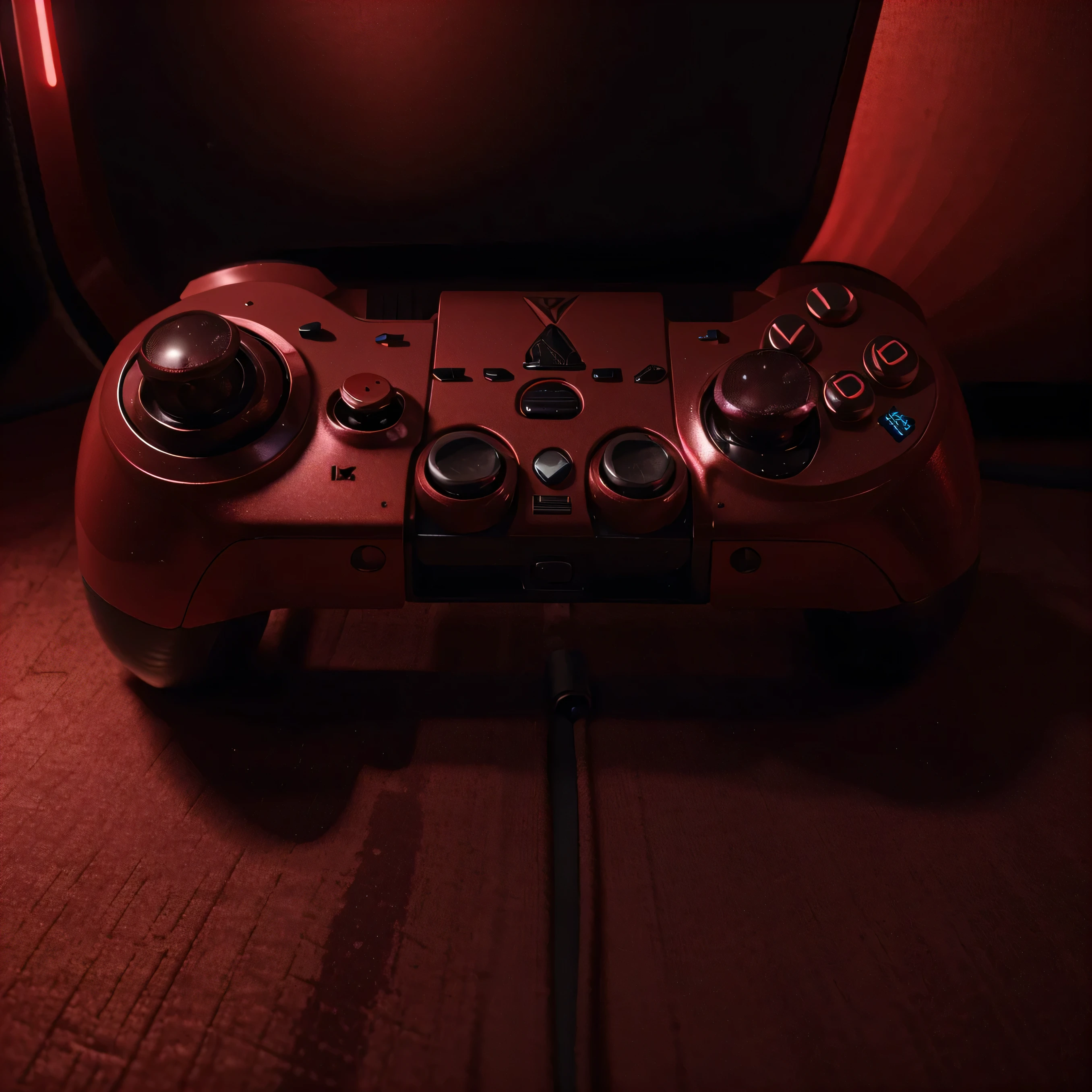 a detailed red video game controller, hyperrealistic, 8k, highly detailed, intricate, photorealistic, glossy, metallic, reflective surface, complex buttons and joysticks, glowing led lights, dramatic lighting, cinematic angle, moody atmosphere, vibrant colors, studio lighting, professional photography