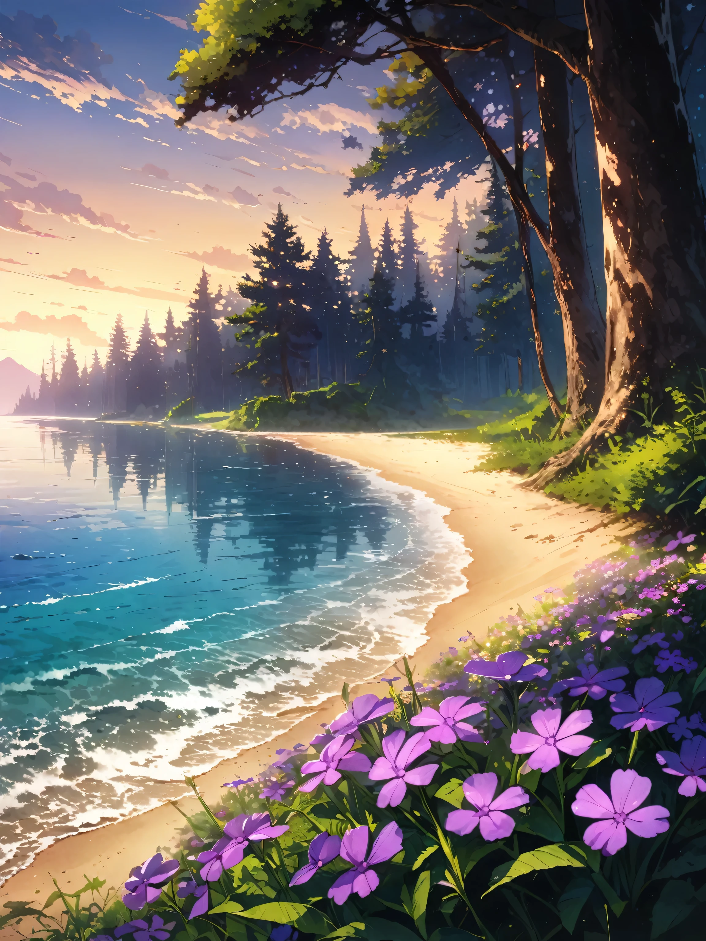 detailed background,( Calm spring night landscape), among lush greenery, Beautiful view, creeping phlox in full bloom, creeping phlox, early morning, sunrise sky, beautiful clouds, dappled sunlight, pine trees on the seashore, Depth of field, masterpiece, Best quality, ultra detailed, very aesthetic, illustration, perfect composition, complex parts, absurdity, moody lighting, rays of light, no people,