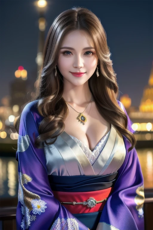 a beautiful russian woman in her 20s, light brown hair, fine white skin, attractive face, tight waist, cleavage, smiling kindly, wearing stylish clothes and necklace, active posing, detailed eyes, nose, lips, long eyelashes, perfectly balanced body, rough hairstyle, (best quality,8k,highres,masterpiece:1.2),ultra-detailed,(realistic,photorealistic,photo-realistic:1.37),HDR,UHD,studio lighting,ultra-fine painting,sharp focus,physically-based rendering,extreme detail description,professional,vivid colors,bokeh,portrait,beautiful night scenery,kimono