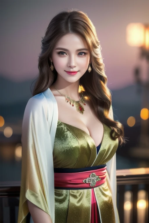 a beautiful russian woman in her 20s, light brown hair, fine white skin, attractive face, tight waist, cleavage, smiling kindly, wearing stylish clothes and necklace, active posing, detailed eyes, nose, lips, long eyelashes, perfectly balanced body, rough hairstyle, (best quality,8k,highres,masterpiece:1.2),ultra-detailed,(realistic,photorealistic,photo-realistic:1.37),HDR,UHD,studio lighting,ultra-fine painting,sharp focus,physically-based rendering,extreme detail description,professional,vivid colors,bokeh,portrait,beautiful night scenery,kimono