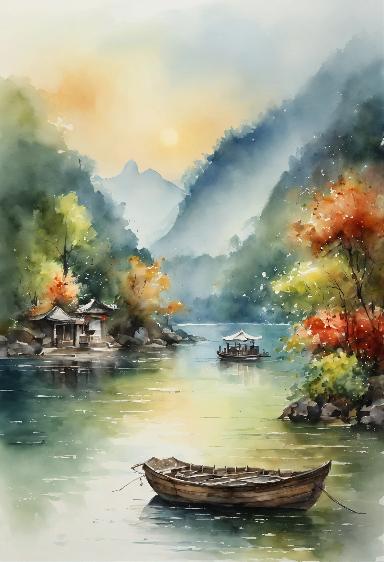 beautiful detailed watercolor painting of Qiandao Lake in Hangzhou, detailed landscape, breathtaking scenery, majestic mountains, calm lake, lush greenery, serene atmosphere, intricate details, vibrant colors, dramatic lighting, stunning reflections, photorealistic, 8k, high quality, masterpiece