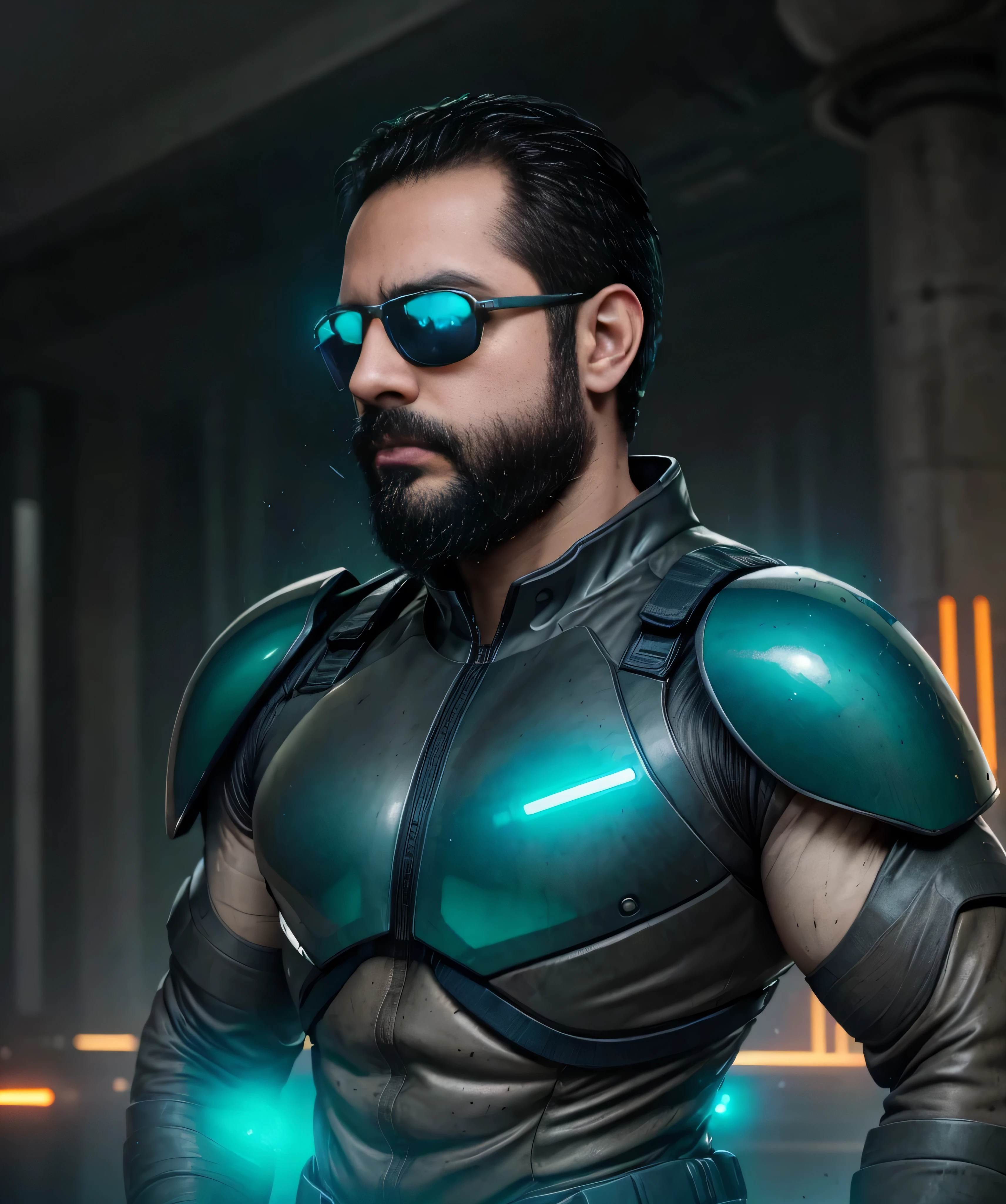 A well-built man with a dark beard and sunglasses, wearing a futuristic combat suit with luminous details in shades of neon blue and green, se encuentra en primer plano. Su figura llena la imagen, highlighting his expression of determination and courage. Behind him, un paisaje urbano futurista con rascacielos altos y estructuras flotantes, illuminated by neon lights. En el cielo, flying vehicles and drones are seen patrolling the city. The man holds an advanced laser weapon in his right hand and a holographic device in his left, ready to face any threat in this technological and advanced world.