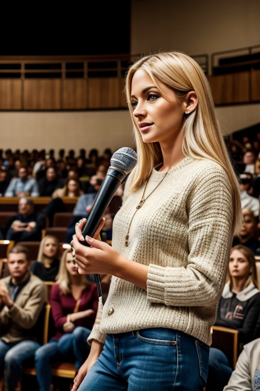 beautiful woman 30 years old, blonde hair, wearing a casual clothes, preaching with microphone highly detailed, with a rings detailed, auditorium  with a crowd of people talking with a 20 group people hiquality, with a rings, hazel eyes, hyper-realistic, speaking Realism, Canon, Nikon, 85mm, HD, 4K, 8k Casual clothes, 