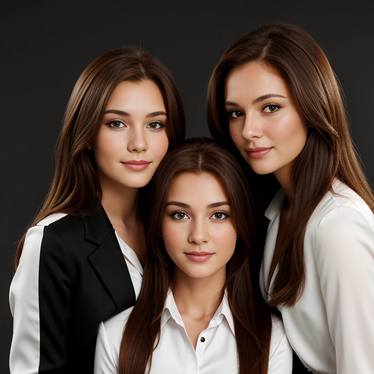 Create a photograph inside a marker of three 18 year old girls, in loving embrace, with long red brown hair, detailed eyes, straight nose, perfect body, full body photograph, wearing an office outfit composed of a black jacket, white silk blouse, and gray pants, (black background type photographic studio), masterpiece, the best quality, hyper high definition, 8K, sharp focus, physically based rendering, extreme detailed description.