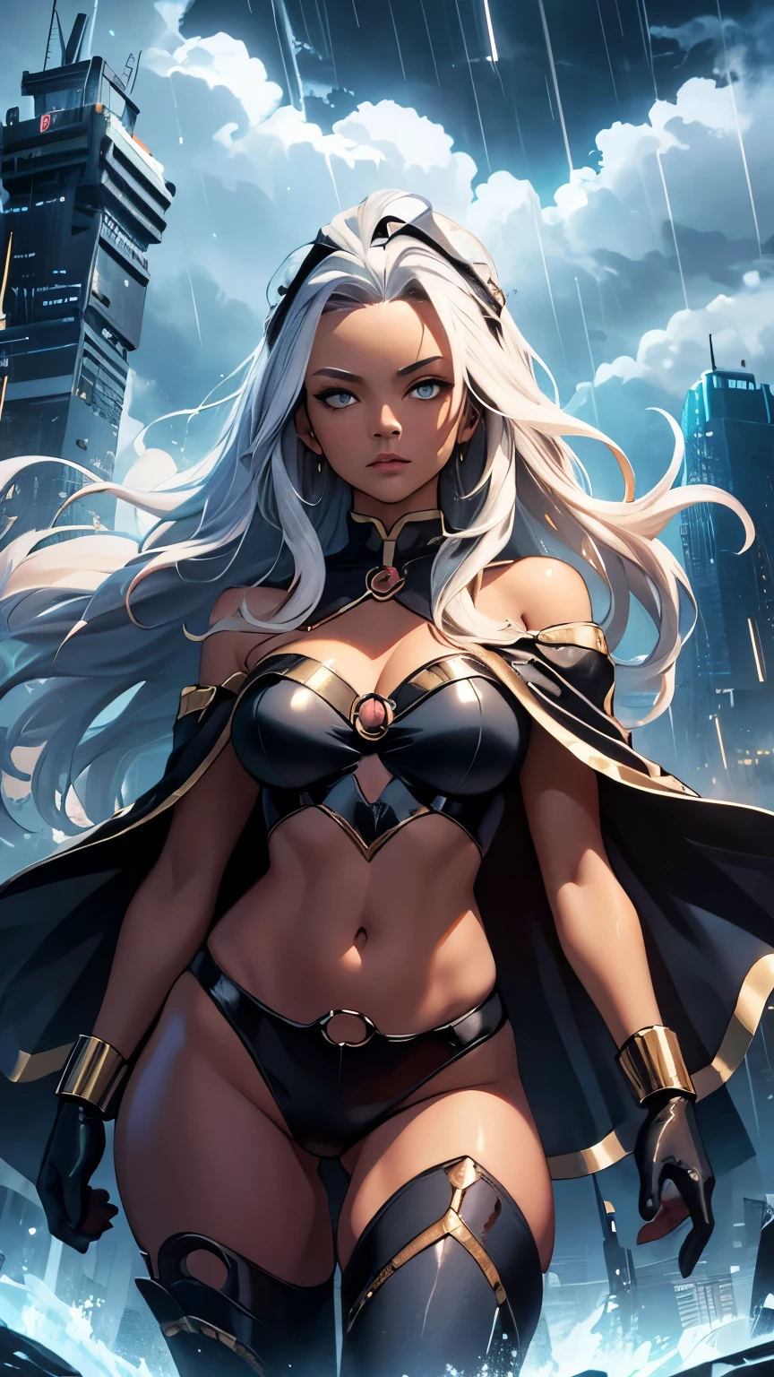 ,(Highly quality, masterpiece, detailed), stormy cloud city detailed scenario, stormy cloud city detailed background, 20 years old girl, dark clouds, rain, wet, 1girl, Ororo, dark skin, strapless, exposed shoulders, long hair, midriff, cape,l, gloves, skin tight pants, gold trim, Abdomen, Navel, beautiful eyes, perfect eyes, looking at the viewer, Sexy pose