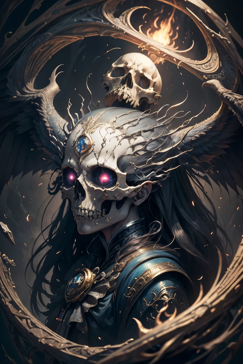 ((Best quality)), ((masterpiece)), ((realistic cartoon)):flying pose,junji ito style, Fear, Skull, screaming,souls fleeting, Evil. The scene is set in a thematically rich environment. The lighting, crafted with a cinematic touch, emphasizing aura surrounding the Skull screaming. Every element of this masterpiece is carefully designed to create a sense of realism and immersion. The intricacies of the genius clothes, the mesmerizing effects of his evil power, and the level of detail in his greedy face all contribute to a captivating visual experience. This artwork is presented in stunning UHD resolution, allowing you to appreciate every nuance and intricacy in breathtaking detail. view from above, scenic, masterpiece,mtg art,magic the gathering art.
