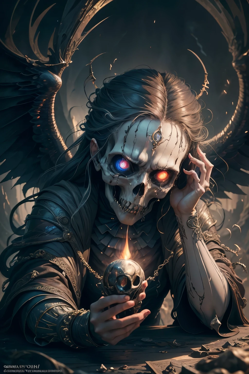 ((Best quality)), ((masterpiece)), ((realistic cartoon)):flying pose,junji ito style, Fear, Skull, screaming,souls fleeting, Evil. The scene is set in a thematically rich environment. The lighting, crafted with a cinematic touch, emphasizing aura surrounding the Skull screaming. Every element of this masterpiece is carefully designed to create a sense of realism and immersion. The intricacies of the genius clothes, the mesmerizing effects of his evil power, and the level of detail in his greedy face all contribute to a captivating visual experience. This artwork is presented in stunning UHD resolution, allowing you to appreciate every nuance and intricacy in breathtaking detail. view from above, scenic, masterpiece,mtg art,magic the gathering art.