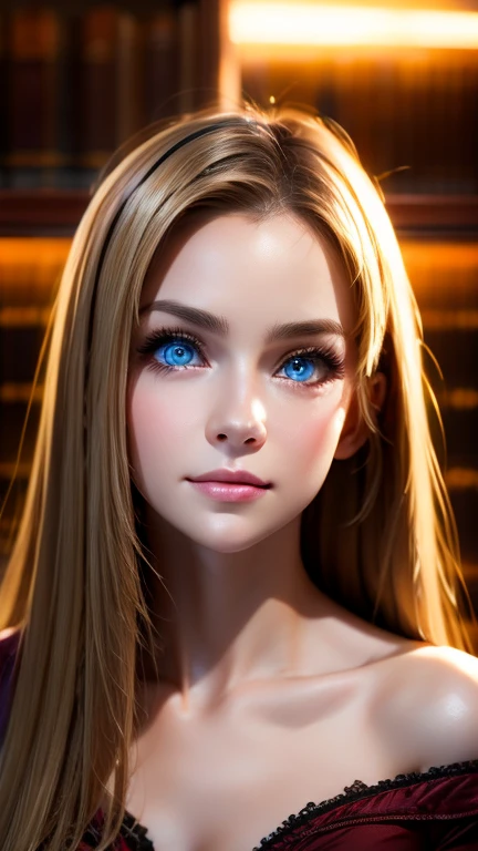 dressed, (photo realistic:1.4), (hyper realistic:1.4), (realistic:1.3), (smoother lighting:1.05), (increase cinematic lighting quality:0.9), 32K, 1girl,20yo girl, realistic lighting, backlighting, light on face, ray trace, wearing a maroon off shoulder robe, wolf blonde hair with blue eyes, black corset, huge maroon hood up, gorgeous face, high resolution, detailed face, not smiling, long hall library background, hair covering half of the face (brightening light:1.2), (Increase quality:1.4), (best quality real texture skin), finely detailed eyes, finely detailed face, (tired and sleepy and satisfied:0.0), face closeup, t-shirts, (Increase body line mood:1.1), shiny skin
