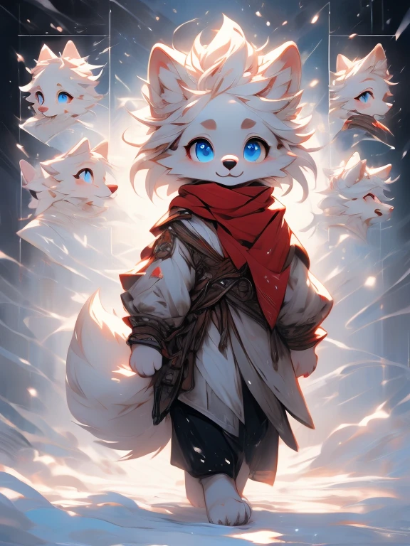 ( white female bunny) ( white cloak with golden that has symbols of star of chaos ) ( golden eyes) sitting on the snow with hot chocolate on her hand