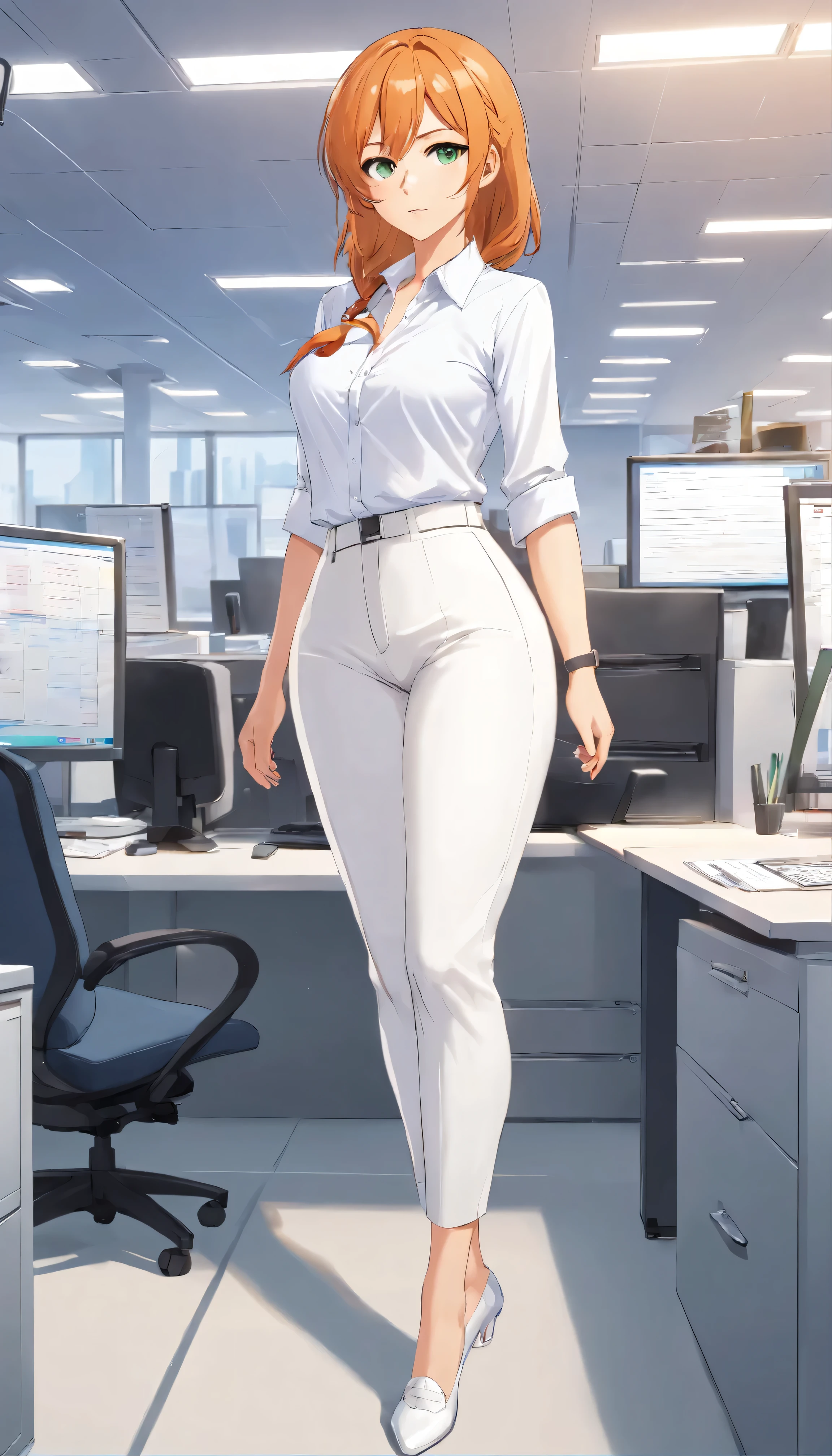 (masterpiece, Best quality), 8K, ultra detailed, realistic photo, Detailed face, perfect lighting, green eyes, bright orange hair, bright hair, fox ears, nice legs, side photo, beautiful, Cute, skin pores, 1 girl, stand in the office, hiking, Office pants, perfect shirt, fully dressed, beautiful women 30 years old, Beautiful proportions, Russian woman, Caucasian, European, Business lady, stunningly beautiful woman, mother, thick legs, show ass, big breasts, (Thin white shirt:1.4), thick, hot, (White Office Wear:1.4), tight pants, (wide hips:1.2), thick, (white Office pants:1.3), spread your legs, Legs open, full length, wide hips, Glasses