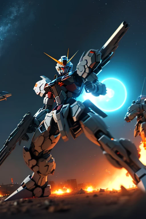 3Dillustration((4K)),Battleground city at night, Severely damaged Japanese animation,A scene where Gundam fires multiple beam guns mounted on its back at the sky., A large halo can be seen just behind the back