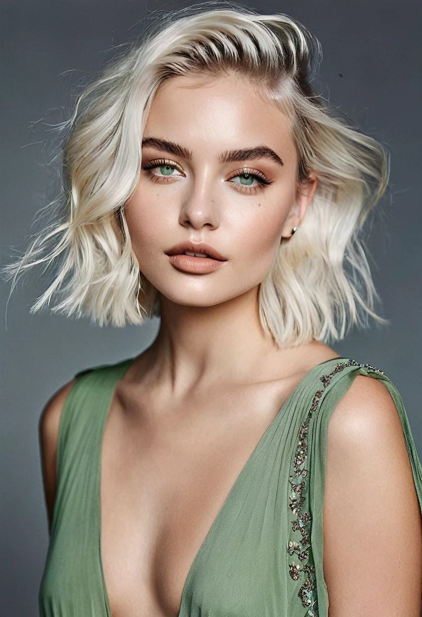@Marinna is a vision of ethereal beauty, with short platinum blonde locks that shimmer like moonlight. Her piercing green eyes hold a captivating gaze that speaks of mystery and intrigue. Standing at 5'9", @Marinna possesses a slender yet athletic figure, with graceful curves that exude confidence and grace.Style and Fashion: @Marinna's style is effortlessly chic with a touch of whimsy. Whether she's strutting down the runway in a flowy bohemian dress or rocking a tailored pantsuit with bold accessories, she exudes sophistication and confidence. Her fashion choices reflect her playful personality and love for mixing timeless classics with modern trends. Facial Features: With her sculpted cheekbones, full lips, and flawless porcelain complexion, @Marinna exudes an otherworldly beauty that captivates all who encounter her. Her expressive eyes are framed by long, fluttery lashes, adding depth and intensity to her striking gaze. A dainty nose ring and delicate ear piercings add a touch of edge to her classic features.