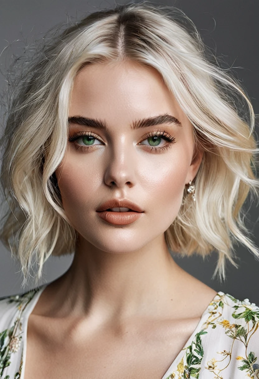 @Marinna is a vision of ethereal beauty, with short platinum blonde locks that shimmer like moonlight. Her piercing green eyes hold a captivating gaze that speaks of mystery and intrigue. Standing at 5'9", @Marinna possesses a slender yet athletic figure, with graceful curves that exude confidence and grace.Style and Fashion: @Marinna's style is effortlessly chic with a touch of whimsy. Whether she's strutting down the runway in a flowy bohemian dress or rocking a tailored pantsuit with bold accessories, she exudes sophistication and confidence. Her fashion choices reflect her playful personality and love for mixing timeless classics with modern trends. Facial Features: With her sculpted cheekbones, full lips, and flawless porcelain complexion, @Marinna exudes an otherworldly beauty that captivates all who encounter her. Her expressive eyes are framed by long, fluttery lashes, adding depth and intensity to her striking gaze. A dainty nose ring and delicate ear piercings add a touch of edge to her classic features.
