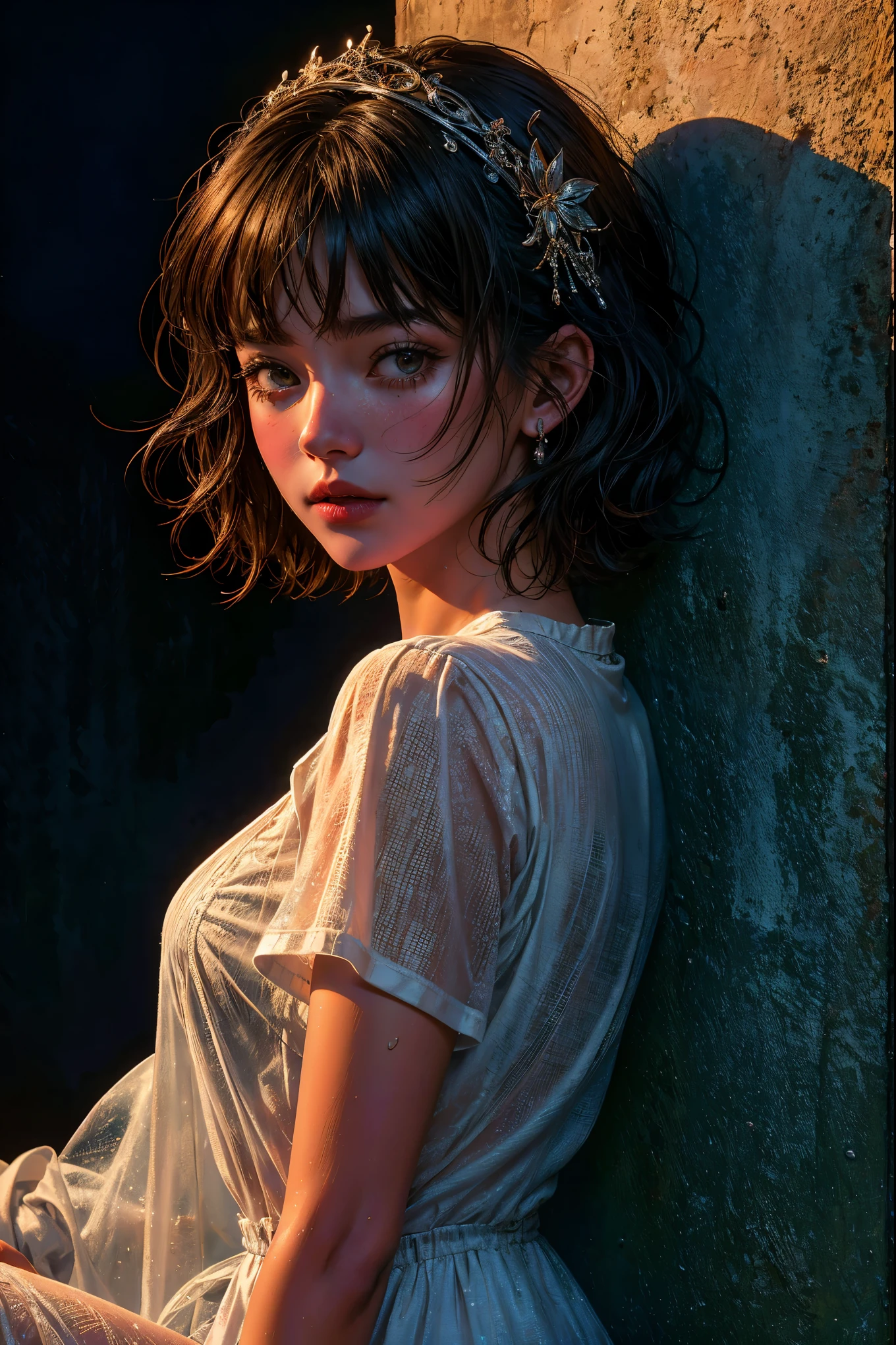 High quality, high resolution, HDR, a masterpiece, a highly complete movie scene. A woman with a striking wavy brunette bob is captured. Her highly detailed and ultra-realistic grunge artwork depicts a young woman with short hair wearing a white sheer translucent shirt and jean shorts. Her wet skin and hair give her the look of having just emerged from a rainy or watery environment. A young woman sits with her back against the wall, giving off a mysterious charm. A dark, moody backdrop illuminated by candlelit lanterns adds to the cinematic feel of this enchanting artwork. This product features typography that complements the overall style and theme. , typography, products, cinematic