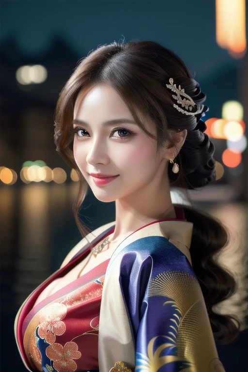 a beautiful russian woman in her 20s, light brown hair, fine white skin, attractive face, tight waist, cleavage, smiling kindly, wearing stylish clothes and necklace, active posing, detailed eyes, nose, lips, long eyelashes, perfectly balanced body, rough hairstyle, (best quality,8k,highres,masterpiece:1.2),ultra-detailed,(realistic,photorealistic,photo-realistic:1.37),HDR,UHD,studio lighting,ultra-fine painting,sharp focus,physically-based rendering,extreme detail description,professional,vivid colors,bokeh,portrait,beautiful night scenery,kimono,geisha