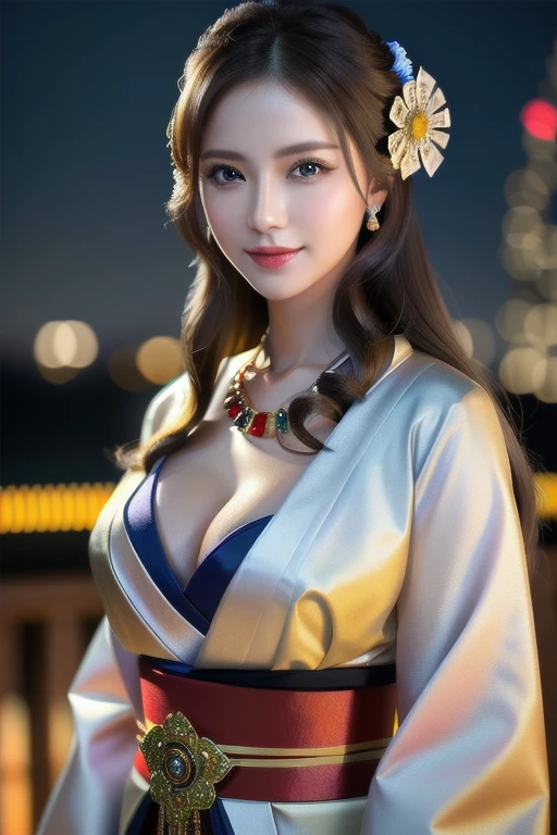 a beautiful russian woman in her 20s, light brown hair, fine white skin, attractive face, tight waist, cleavage, smiling kindly, wearing stylish clothes and necklace, active posing, detailed eyes, nose, lips, long eyelashes, perfectly balanced body, rough hairstyle, (best quality,8k,highres,masterpiece:1.2),ultra-detailed,(realistic,photorealistic,photo-realistic:1.37),HDR,UHD,studio lighting,ultra-fine painting,sharp focus,physically-based rendering,extreme detail description,professional,vivid colors,bokeh,portrait,beautiful night scenery,kimono,geisha