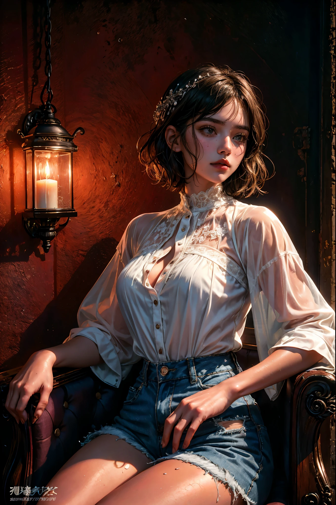 High quality, high resolution, HDR, a masterpiece, a highly complete movie scene. A woman with a striking wavy brunette bob is captured. Her highly detailed and ultra-realistic grunge artwork depicts a young woman with short hair wearing a white sheer translucent shirt and jean shorts. Her wet skin and hair give her the look of having just emerged from a rainy or watery environment. A young woman sits with her back against the wall, giving off a mysterious charm. A dark, moody backdrop illuminated by candlelit lanterns adds to the cinematic feel of this enchanting artwork. This product features typography that complements the overall style and theme. , typography, products, cinematic