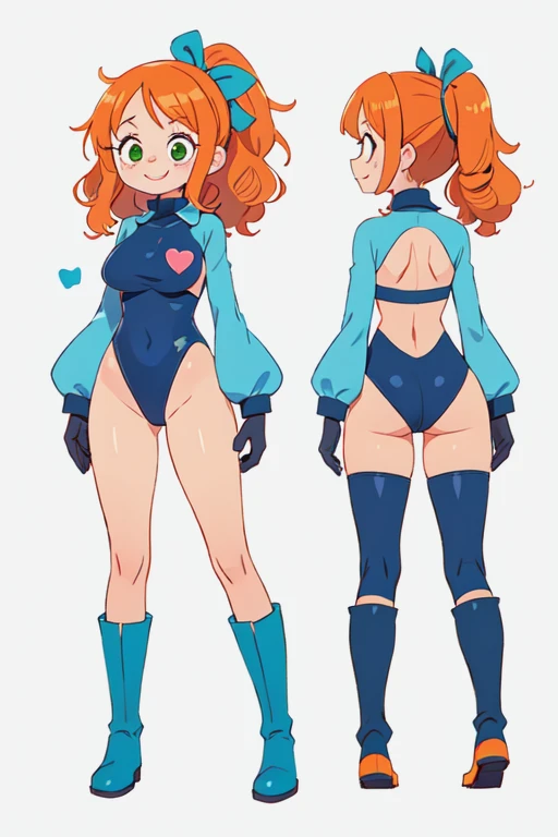 ((masterpiece)), (((best quality))), (character design sheet, same character, front, side, back), Illustration, (masterpiece), (best quality), (high res), 1lady, tall body, beautiful detailed eyes, beautiful detailed face, smiling, somber face, soft features, freckles, (perfect hands), complete fingers, perfect anatomy, perfect proportions, 26 years old, ((ginger hair, bright orange hair, curly hair, ponytail)), ((green eyes)), ((tight leotard, one piece leotard, light blue leotard, sky blue leotard, blue theme, all blue costume, light skin, cheeky leotard, bare legs, thong leotard, matching leotard, long tight sleeve, heart-shaped boob window, cleavage, tight turtle-neck collar, navy blue stockings on legs)), ((boots, matching boots, skin tight boots, tight ankle-high boots, navy blue boots)), breasts, medium breasts, perky breasts (full body portrait), solo, solo focus, standing, character sheet, multiple angles, wearing the same clothing for each angle, identical look per angle, (long sleeves, navy blue gloves), (navy blue heart symbol on chest), full body costume design. (simple background, white background: 1.3), Beautiful face、Reference Sheet,Triangular diagram