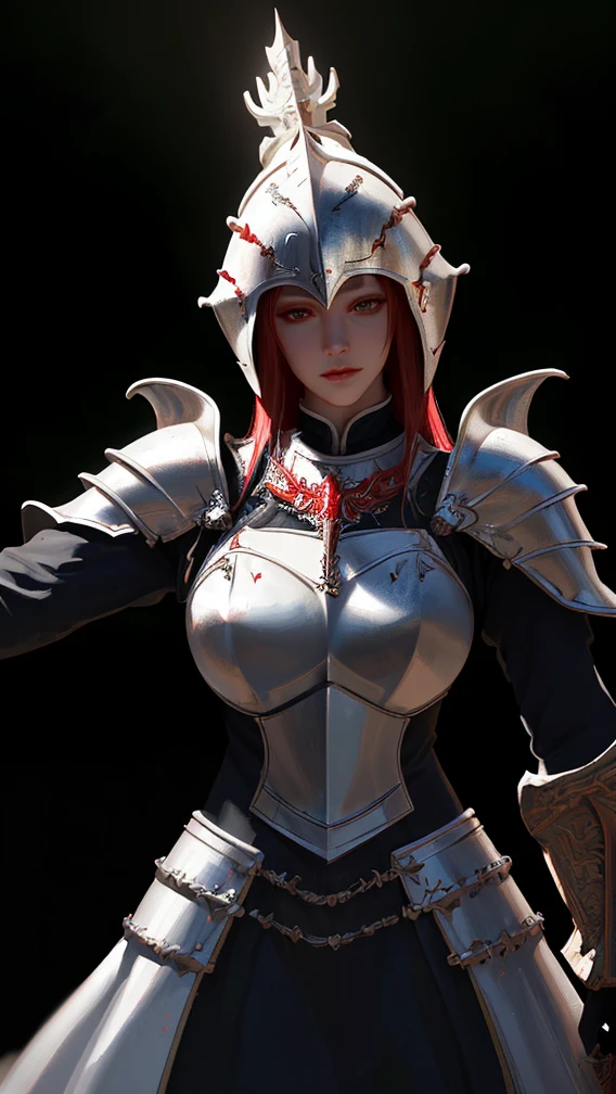 A female knight, vibrant white armor, red ornaments, female knight of the red mist, bloodthirsty, territorial, war queen, RPG armor helmet, long dark hair, holding sacred sword made of teeth and flesh, (best quality,4k,8k,highres,masterpiece:1.2),ultra-detailed,(realistic,photorealistic,photo-realistic:1.37),HDR,UHD,studio lighting,ultra-fine painting,sharp focus,physically-based rendering,extreme detail description,professional,vivid colors,bokeh,fantasy,digital painting,dark fantasy,cinematic lighting,dramatic pose