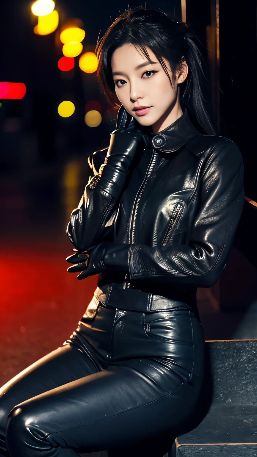 black leather rider jacket, Office in the Dark, Black leather gloved fingertips on both hands,Wearing black leather gloves,Sitting in a black leather chair、 Japanese female new recruits (Black leather gloves cover both hands) (The angle is horizontal)、Black Leather Pants,Black Leather Black Leather Pants,Black Leather Skinny Pants、Long black leather boots on both feet、Black hair ponytail ((He wears black leather gloves on his hands))Full Body Photo,full body shot full body full body leather suit,☺If you turn in this direction。Wearing black leather gloves,Wearing black leather gloves,Wearing black leather gloves,Wearing black leather gloves,Wearing black leather gloves,Wearing black leather gloves,黒のレザーパンツが美しい😍黒のレザーパンツが美しい😍黒のレザーパンツが美しい,😍Smiling while looking at me,City lights、((Neon Cyberpunk City Street:1.3))、(Neon Light)、Detailed lighting、
Best image quality、Ultra-high resolution、(realism:1.4)、Korean Beauty Star、The most beautiful KPOP stars、face、Horny Korean Makeup、A body that makes you want to touch it、Realistic leather texture、Costume made of smooth leather fabric、The drape of the curved parts of the leather fabric、The costume is very shiny、Quality of the costume、8K Photo Quality