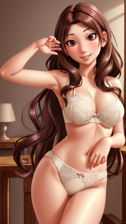 (超A high resolution、Photorealistic、Realistic、highest quality)、
(((Skin with attention to detail))),
((Mix 4)),
(8k、RAW Photos、highest quality、masterpiece)、One Japanese woman、40 years old、Photon Mapping、Radio City、Physically Based Rendering、Auto White Balance、((Face close-up、An unforgettable smile、Moist lips))、(((Brown Hair、Long Hair、Wavy Hair)))、Bird's-eye view、
(slender、Large Breasts、Narrow waist)、(((Look at the viewers)),((((thin)))),underwear、lingerie、healthy、