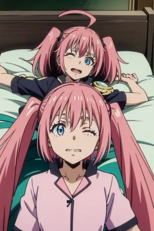 masterpiece, highest quality, 高解picture度，Anime Style、Characters from TenSura、picture、whole body　　　　　　　　　　　　Platinum pink hair（Twin tails:20:1）（Ahoge:1:10）、blue eyes、About 10 years old、smile、The double tooth shines,pajamas、Lying in bed sleeping