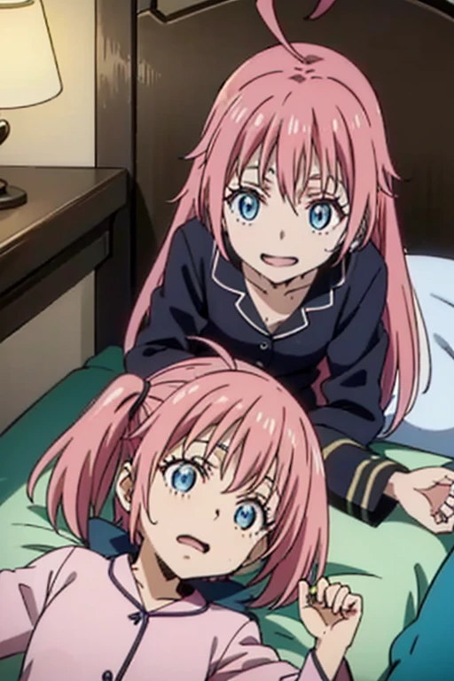 masterpiece, highest quality, 高解picture度，Anime Style、Characters from TenSura、picture、whole body　　　　　　　　　　　　Platinum pink hair（Twin tails:20:1）（Ahoge:1:10）、blue eyes、About 10 years old、smile、The double tooth shines,pajamas、Lying in bed sleeping