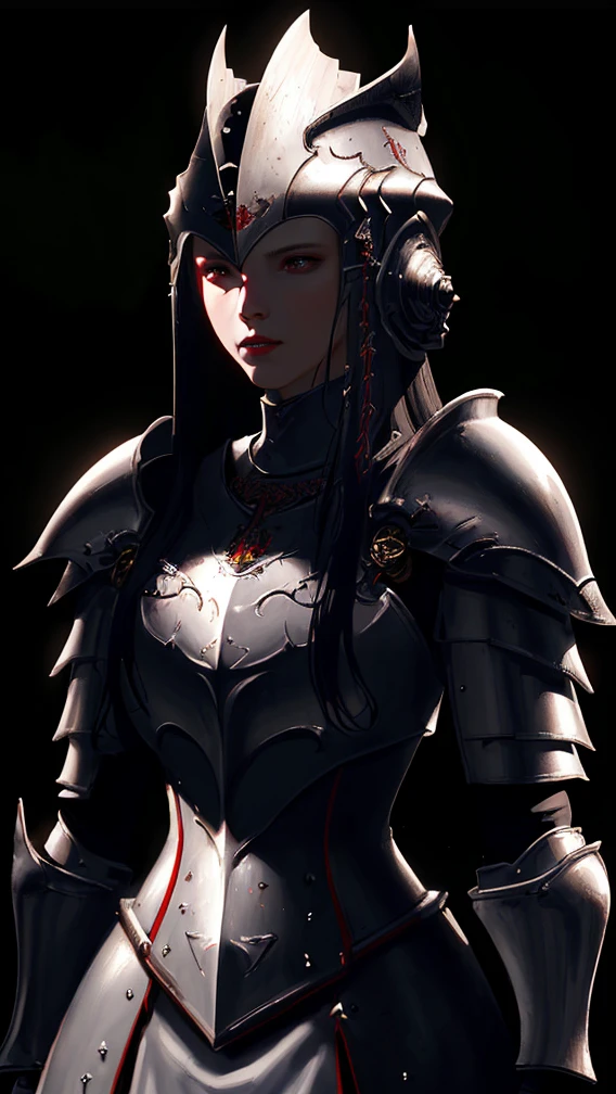 A female knight, vibrant white armor, red ornaments, female knight of the red mist, bloodthirsty, territorial, war queen, RPG armor helmet, long dark hair, holding sacred sword made of teeth and flesh, (best quality,4k,8k,highres,masterpiece:1.2),ultra-detailed,(realistic,photorealistic,photo-realistic:1.37),HDR,UHD,studio lighting,ultra-fine painting,sharp focus,physically-based rendering,extreme detail description,professional,vivid colors,bokeh,fantasy,digital painting,dark fantasy,cinematic lighting,dramatic pose