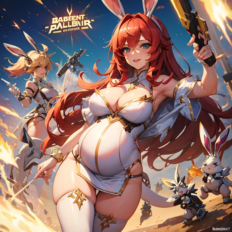  pregnant battle bunny miss Fortune, tight ornate white dress with gold details, red hair, cleavage, wants to have sex with me 