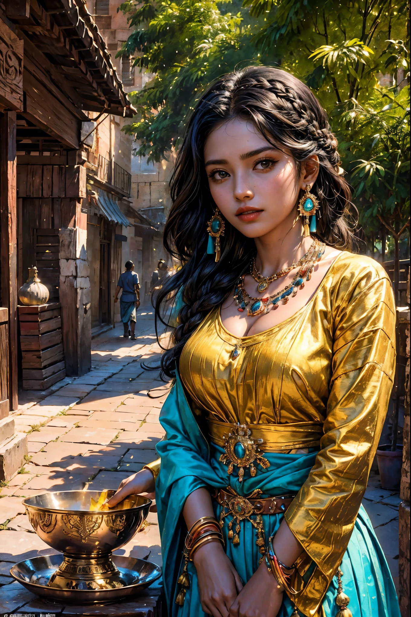 High resolution, high quality, masterpiece, and highly complete real photos. A one-of-a-kind, detailed photograph of a beautiful Aztec woman from the time of Montezuma, exuding strength and beauty in the rich culture and traditions of the Aztec people. She has intricately braided, glossy black hair, and her dark skin and dark eyes that sparkle in the sunlight captivate the viewer. She wears a traditional huipil and a long woven skirt decorated with bright patterns and symbols. Her gold and turquoise necklace and heavy gold earrings further enhance her striking presence. In her hands is a clay bowl filled with corn that reflects the Aztec diet. Her surroundings are deserted, yet the market square is vibrant, with the scent of vendors, children, and food filling the air, bringing the vibrant Aztec world to life.