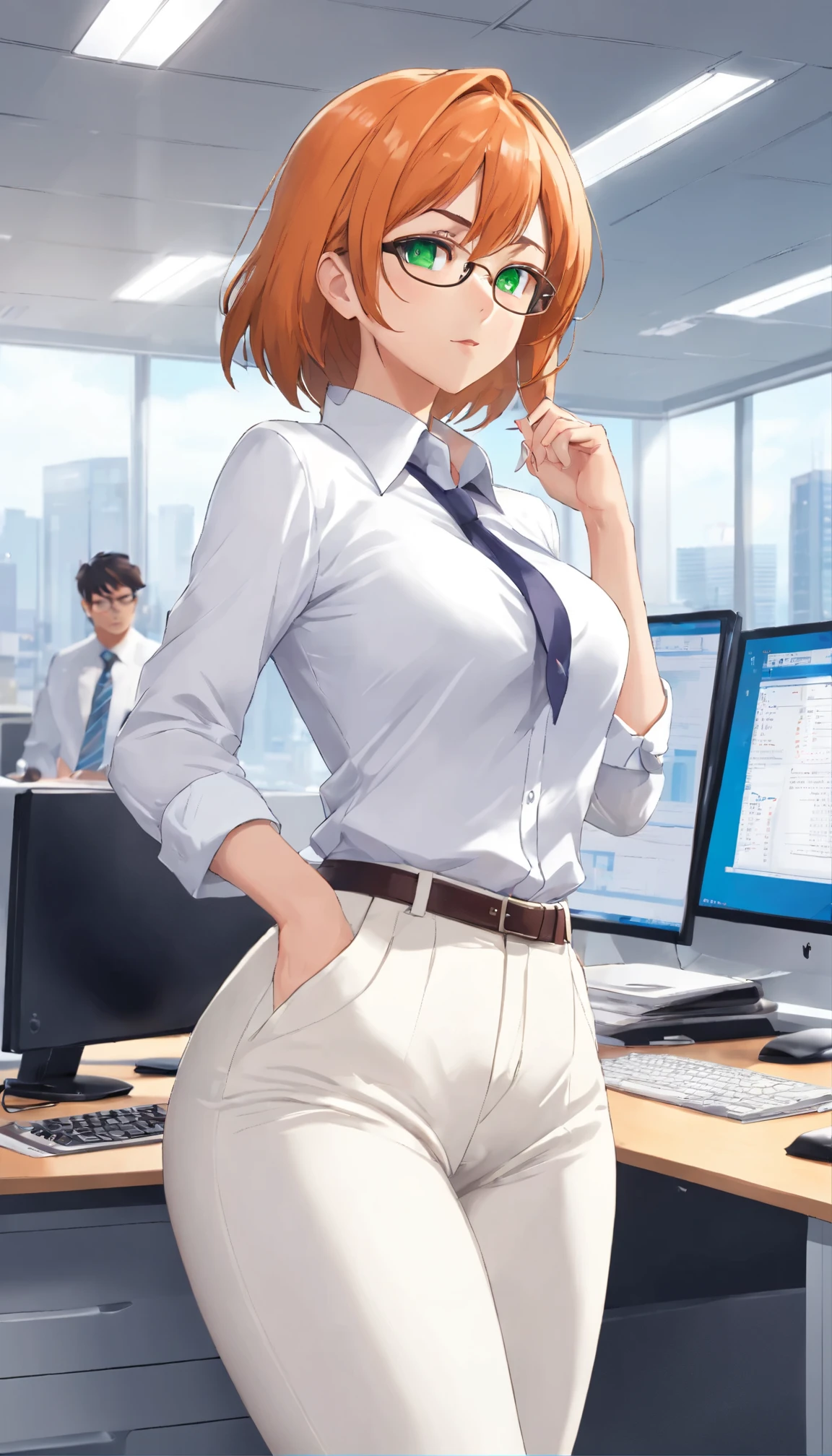(masterpiece, Best quality), 8K, ultra detailed, realistic photo, Detailed face, perfect lighting, green eyes, bright orange hair, bright hair, fox ears, nice legs, side photo, beautiful, Cute, skin pores, 1 girl, stand in the office, hiking, Office pants, perfect shirt, fully dressed, beautiful women 30 years old, Beautiful proportions, Russian woman, Caucasian, European, Business lady, stunningly beautiful woman, mother, thick legs, show ass, big breasts, (Thin white shirt:1.4), thick, hot, (White Office Wear:1.4), tight pants, (wide hips:1.2), thick, (white Office pants:1.3), spread your legs, Legs open, full length, wide hips, Glasses