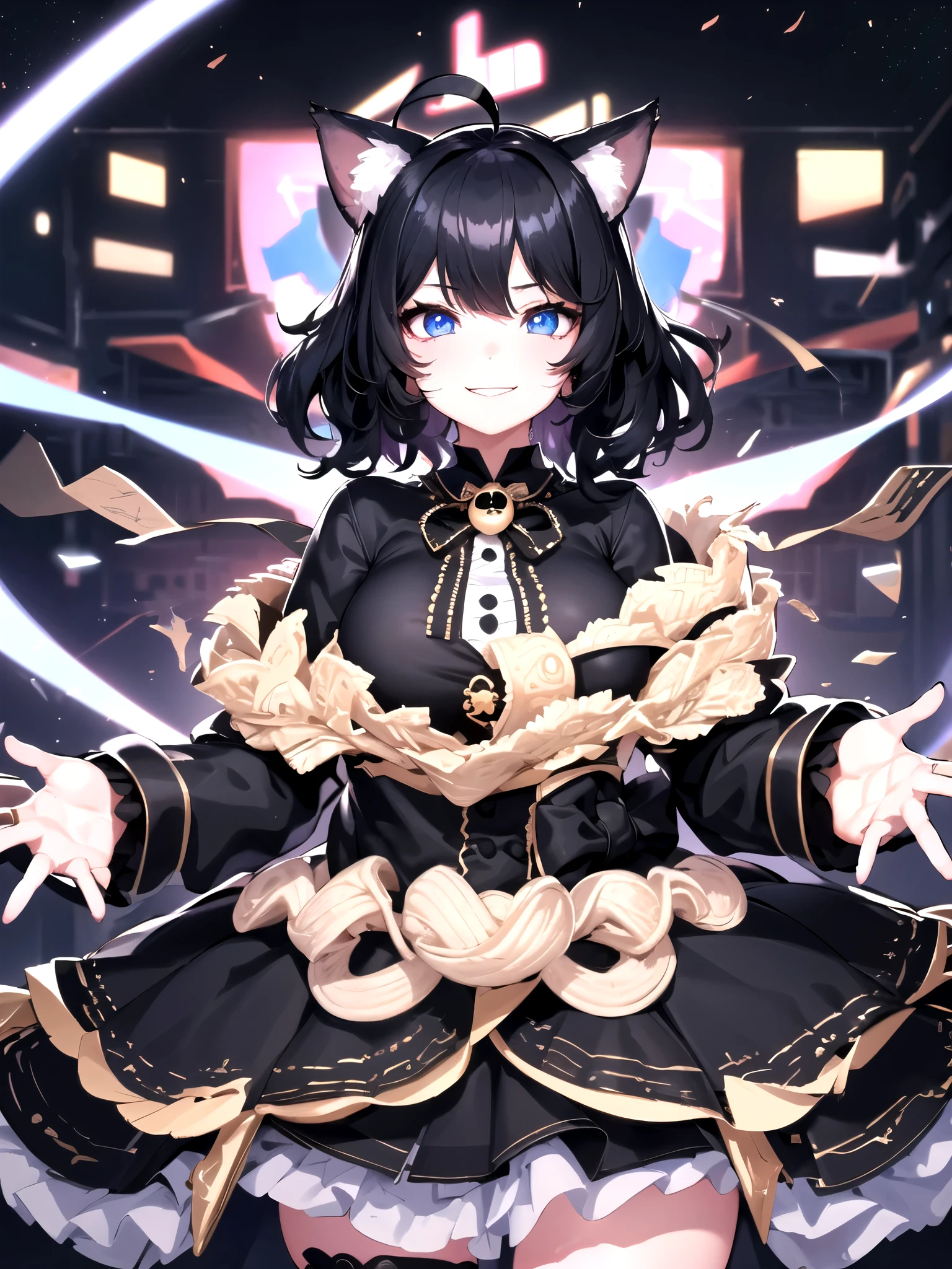 Watching the audience, 1 person、girl,, smile, Virtual YouTuber、((highest quality, expensive_solve, Clear_image)),(Black Hair), (Black cat ears), (Ahoge), (Ridiculously short hair), (Wavy Hair), (blue eyes)、Very large breasts,Wearing a dress、Draw above the waist、