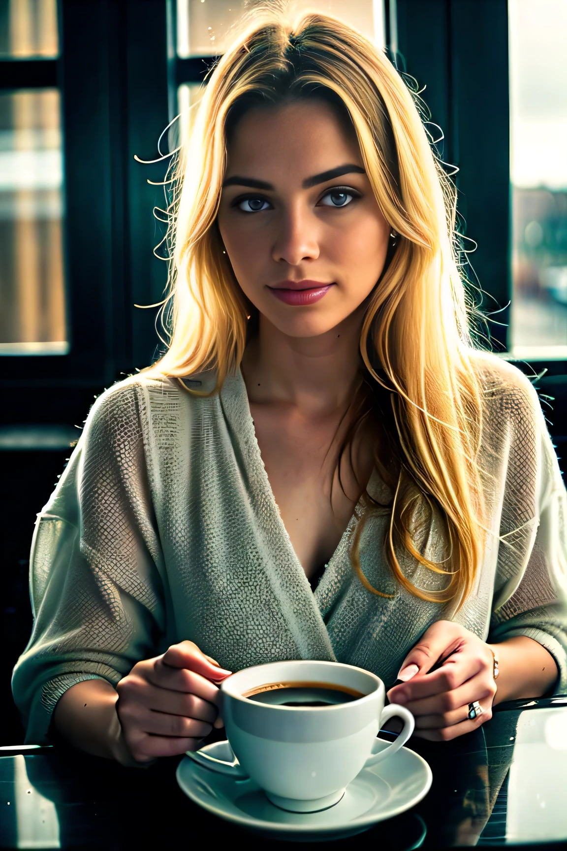 Realistic aspect-ratio: 16:9, showcasing the exquisite beauty of a stunning blonde woman in her mid-twenties. Her deep, captivating blue eyes steal the spotlight, complementing her flawless face and elegantly sharp nose. Seated at a cozy coffee shop, she remains engrossed in her own thoughts, her gaze fixed upon the rain-soaked windowpane on a particularly gloomy day. Clasping a steaming cup of coffee in her hands, she finds solace in its warmth as raindrops cascade down the glass surface. The heavy raindrops create a mesmerizing rhythm, appearing as if choreographed to the melancholic melody playing in the background. Bathed in the soft glow of warm lighting (1.1