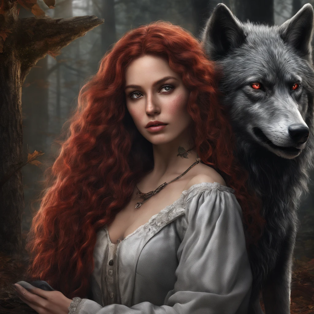 Book cover with a gothic woman with long curly hair red as fire, gray eyes and cheeks dotted with freckles standing in front of a hidden cabin in the woods with a large black wolf lying at his feet
