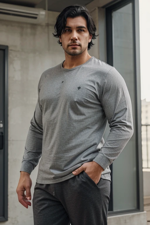Large wolfish man in a grey shirt and grey pants with black hair looks twenty 