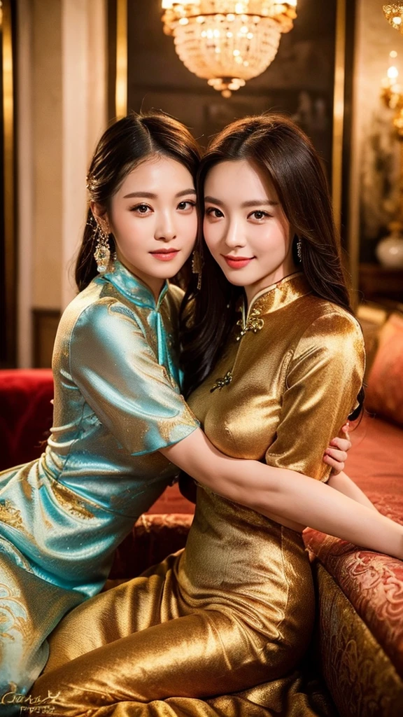 Beautiful woman with perfect body:1.4, slim abdomen:1.2, Longhair, large breast, Highly detailed facial and skin texture, A detailed eye, delicate eyes, double eyelid, (smile), (full body shot), a stunning chinese woman, 23 years old, wearing a radiant red, Dragon & Phoenix Pattern Brocade Open Front Classic Cheongsam Chinese Dress, sits gracefully on a luxurious, velvet baroque bed with a rich blue and gold background, identical twin sister with an even more captivating hourglass figure sits and hugs her at the waist, creating a mesmerizing symmetry. Their cute faces, innocent smile, exposed long legs and aura of love and fertility. The wedding consummation of the King & the twins, scene framed by a stunning gold-framed chinese painting and opulent interior decorations, exuding luxury, elegance, and a hint of making love, (best quality,8k,highres,masterpiece:1.2),ultra-detailed,(realistic,photorealistic,photo-realistic:1.37),portraits,cinematic lighting,dramatic lighting,warm colors,ornate,intricate details,luxurious,elegant