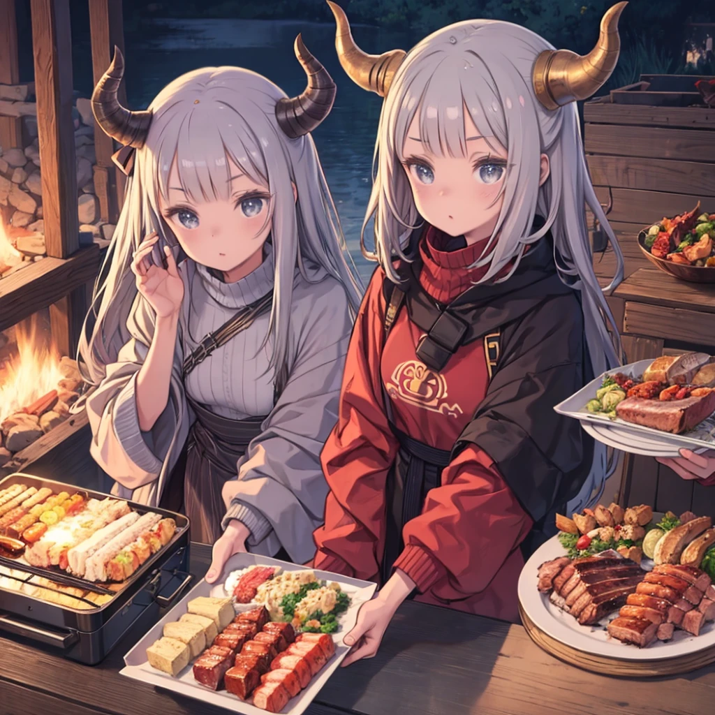 Beautiful girl, Gray Hair, Capricorn Horn, Have a barbecue