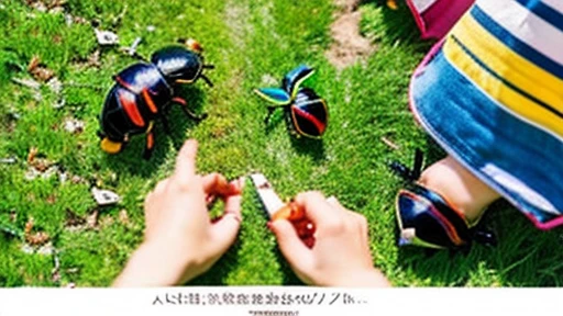 Children playing with beautiful beetles in the grassland、Children playing with beautiful beetles in the grassland、Colorful Mushiking