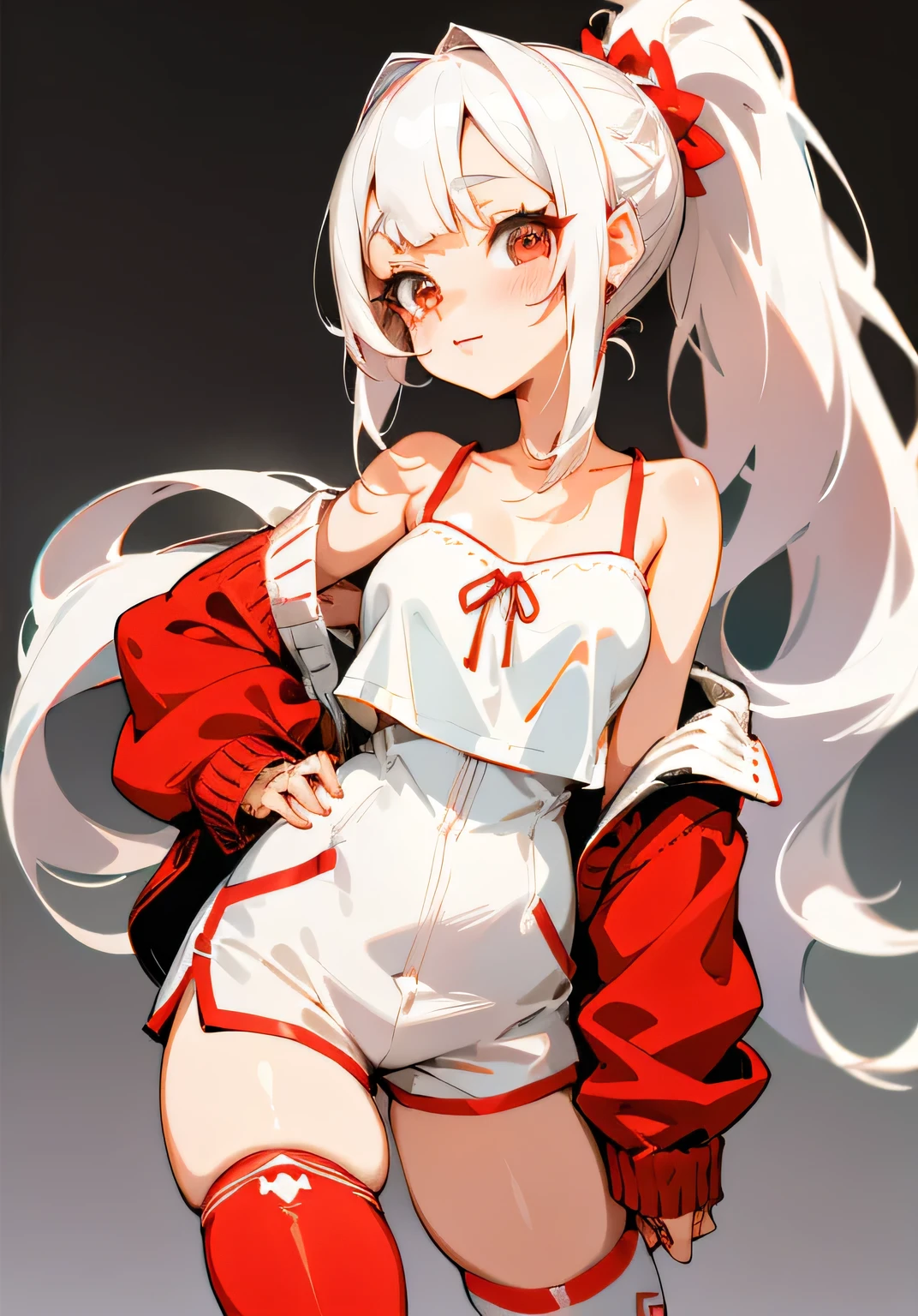 1GIRL, cute girl, finely detailed, (best quality), (intricate details), cute style, shy style, kawaii girl, nerd style, multicolored, ((long white hair in ponytail)), best quality, ((red clothes)), fun clothes, ((oversized cardigan, cami top and shorts)), ((thigh high socks)), ((round eyes)), beautiful face, happy eyes, cute face, pinup, perky breasts, ditzy face, perfect face, simple background portrait