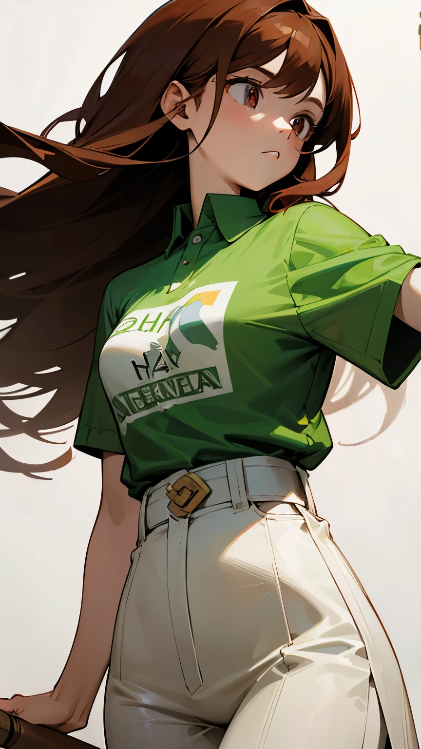 Girl with reddish brown hair, ojos verdes y piel clara usando una camisa blanca ajustada que muestra sus pechos