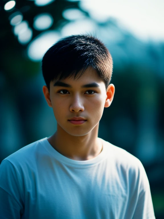 Young Asian man, 25 years old, Short, cropped mohawk hair,) , Looking straight at you intently, alone, outdoor warm light,) night sky warm light,)  wide aperture, professional lighting, Sony A7R4, 50mm sessile lens., ,(Dark blue T-shirt,)  Warm light, shot with a high quality camera 45,000,000,000,Pixels, Realistic light colors, 