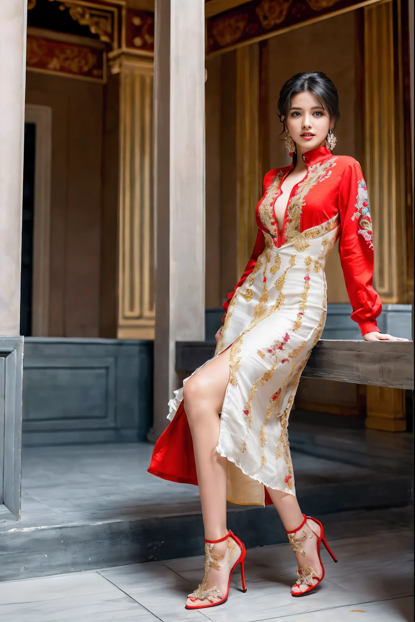 ((girl in front of building, outdoor activities, outdoor, luxurious outdoor city, luxurious place,),
(((Full body shot))), Indian babe), (wide standing position), (looking at viewers, front view shots, wide angle view), (masterpiece, hyper_realistic, hyper_detailed, photorealists, photo_realism), 1girl, 20 years old lady, 16k, FHD, UHD, high quality pictures, extremely detailed, candid brightness, candid shots, (iconic picture shot, perfect brightness, perfect contrast, perfect colour), (pretty face, iconic face), (detailed face, detailed eye, detailed lips, detailed neck, ultra realistic face, ultra realistic eye, ultra realistic lips), (attractive hair style, hair style), (sagging perky breasts, perfect rounded breasts, attractive breasts, perfect breasts shape), (attractive body figure, perfect body figure, perfect figure, curvy_figure, hourglass_figure), (embroidery High heels, fancy high heels, iconic heels),
(((Masterpiece luxurious maxi), (embroidery fancy maxi), (ruffled red maxi), (ruffled maxi), ruffled flared maxi, bottom ruffled maxi, long skinny sleeves, fancy ruffled neck)). , ,