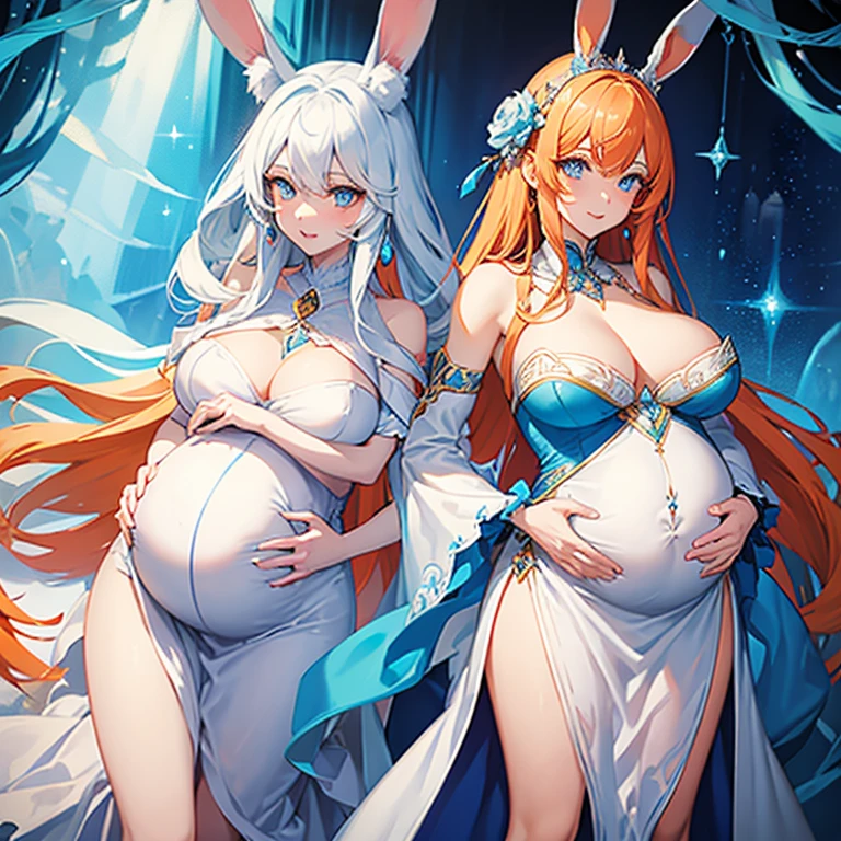 Beautiful pregnant female sorceress, elegant formal detailed and tight white dress with blue details, blue gems, mature, bunny ears, orange hair, piercing blue eyes, wants to have sex with me, cleavage