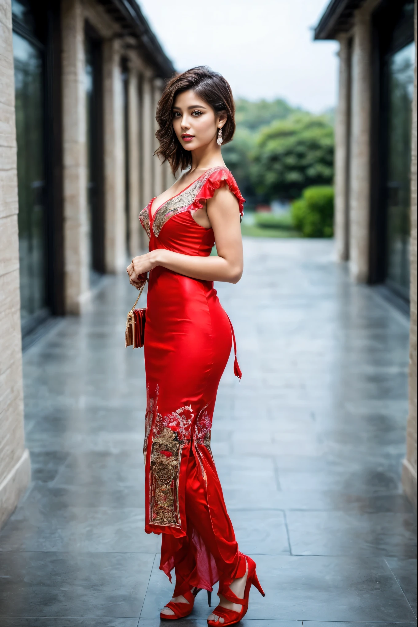 ((girl in front of building, outdoor activities, outdoor, luxurious outdoor city, luxurious place,),
(((Full body shot))), (Indian babe), (wide standing position), (looking at viewers, front view shots, wide angle view), (masterpiece, hyper_realistic, hyper_detailed, photorealists, photo_realism), 1girl, 20 years old lady, 16k, FHD, UHD, high quality pictures, extremely detailed, candid brightness, candid shots, (iconic picture shot, perfect brightness, perfect contrast, perfect colour), (pretty face, iconic face), (detailed face, detailed eye, detailed lips, detailed neck, ultra realistic face, ultra realistic eye, ultra realistic lips), (attractive hair style, hair style), (sagging perky breasts, perfect rounded breasts, attractive breasts, perfect breasts shape), (attractive body figure, perfect body figure, perfect figure, curvy_figure, hourglass_figure), (embroidery High heels, fancy high heels, iconic heels),
(((Masterpiece luxurious maxi), (embroidery fancy maxi), (ruffled red maxi), (ruffled maxi), ruffled flared maxi, bottom ruffled maxi, long skinny sleeves, fancy ruffled neck)). , ,