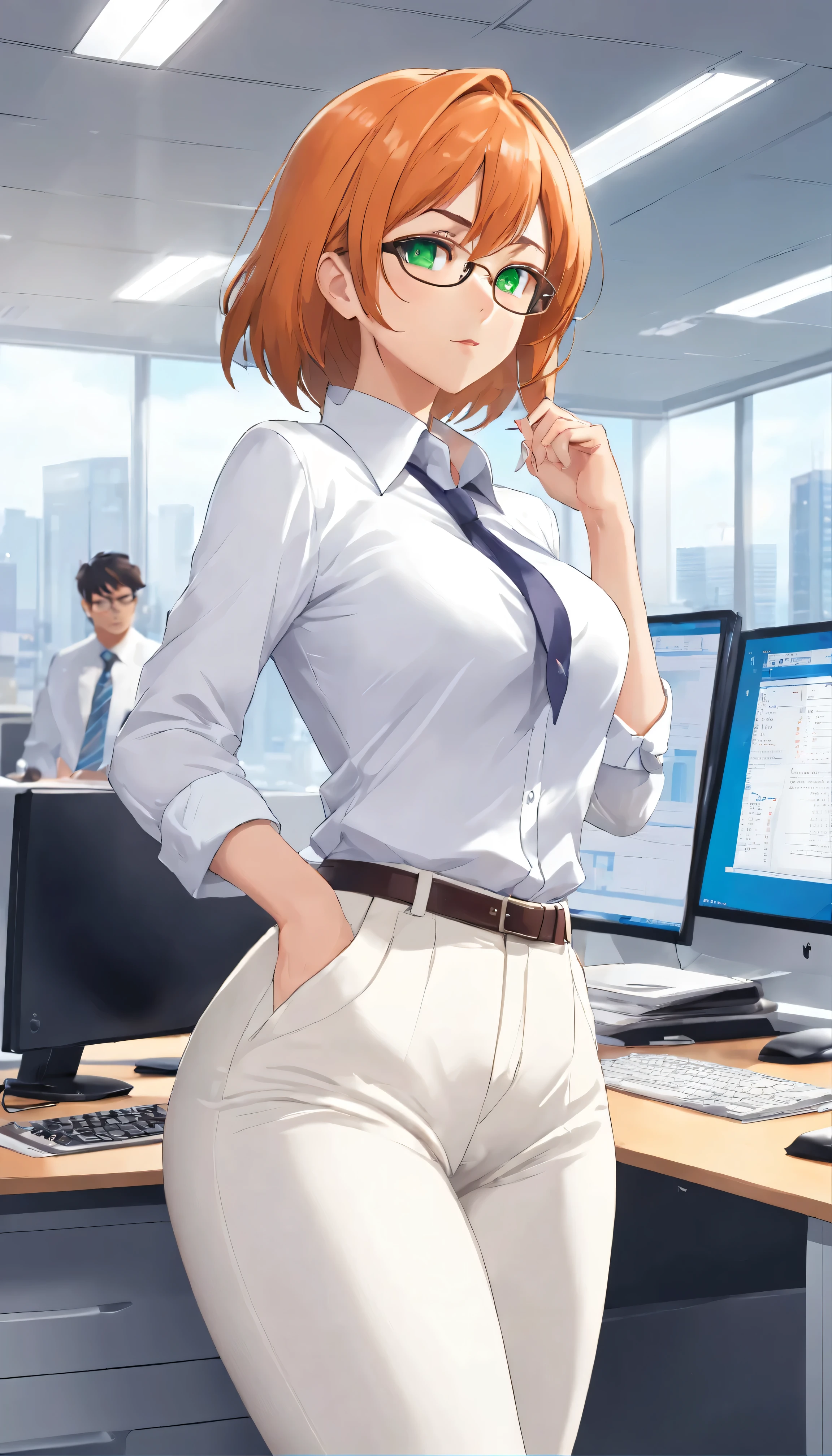 (masterpiece, Best quality), 8K, ultra detailed, realistic photo, Detailed face, perfect lighting, green eyes, bright orange hair, bright hair, fox ears, nice legs, side photo, beautiful, Cute, skin pores, 1 girl, stand in the office, hiking, Office pants, perfect shirt, fully dressed, beautiful women 30 years old, Beautiful proportions, Russian woman, Caucasian, European, Business lady, stunningly beautiful woman, mother, thick legs, show ass, big breasts, (Thin white shirt:1.4), thick, hot, (White Office Wear:1.4), tight pants, (wide hips:1.2), thick, (white Office pants:1.3), spread your legs, Legs open, full length, wide hips, Glasses